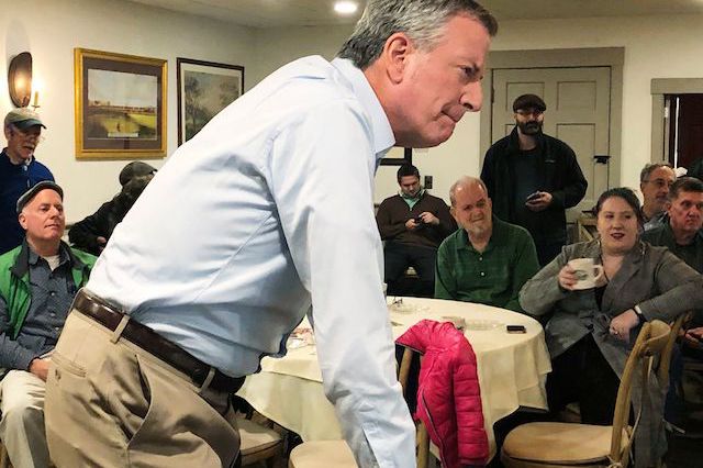 Mayor Bill de Blasio speaks to a small crowd in New Hampshire, for no special reason at all, just a random stop on his progressive policy tour, why do you ask?